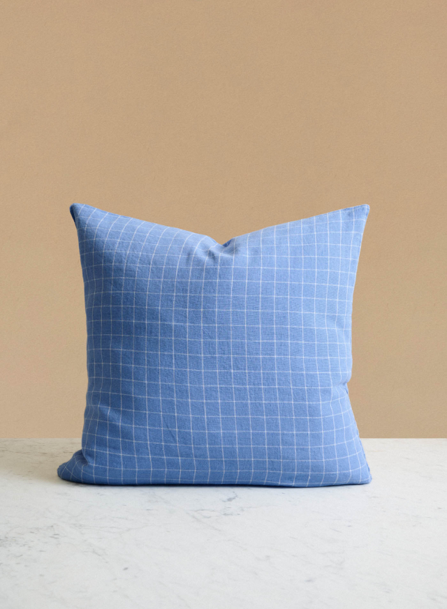 Linen Cushion Blue School Check